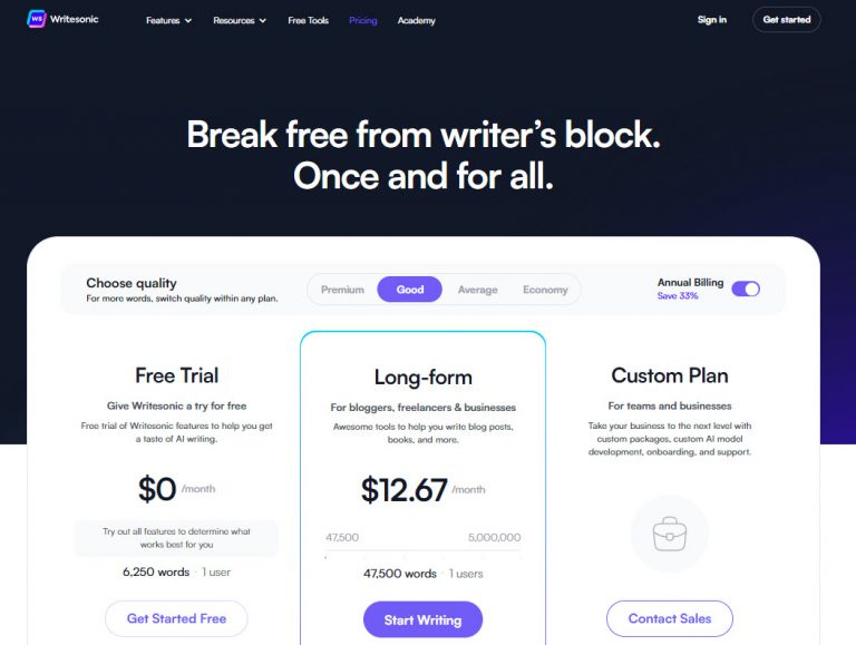 best ai artificial intelligence content generator Writesonic pricing